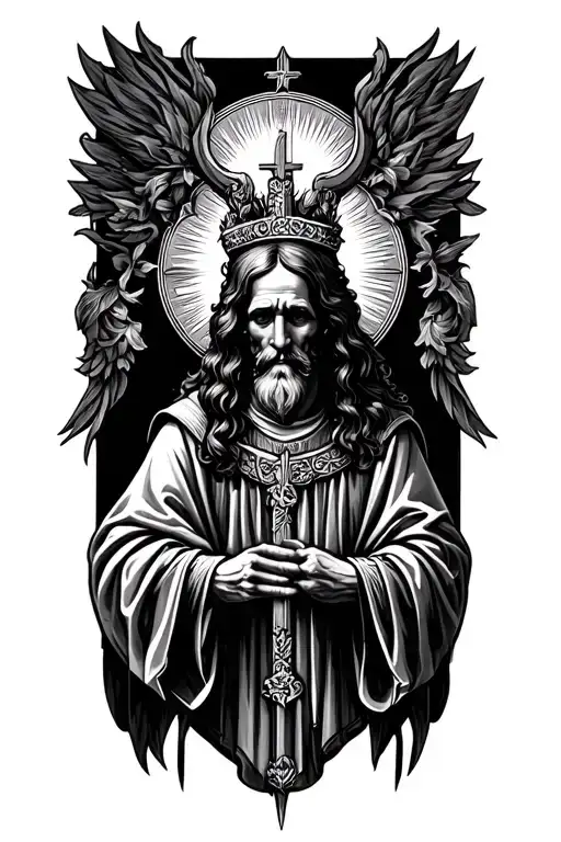 patron saint theme arm sleeve tattoo design idea