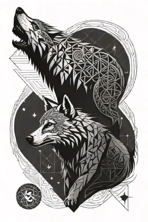 Turkish wolf and moon  tattoo design idea