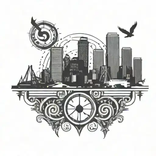 A silhouette of the Boston skyline with a free spirit symbol and music notes floating above tattoo design idea
