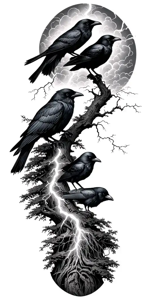 4 crows with trees and cloudy lightning storm  tattoo design idea