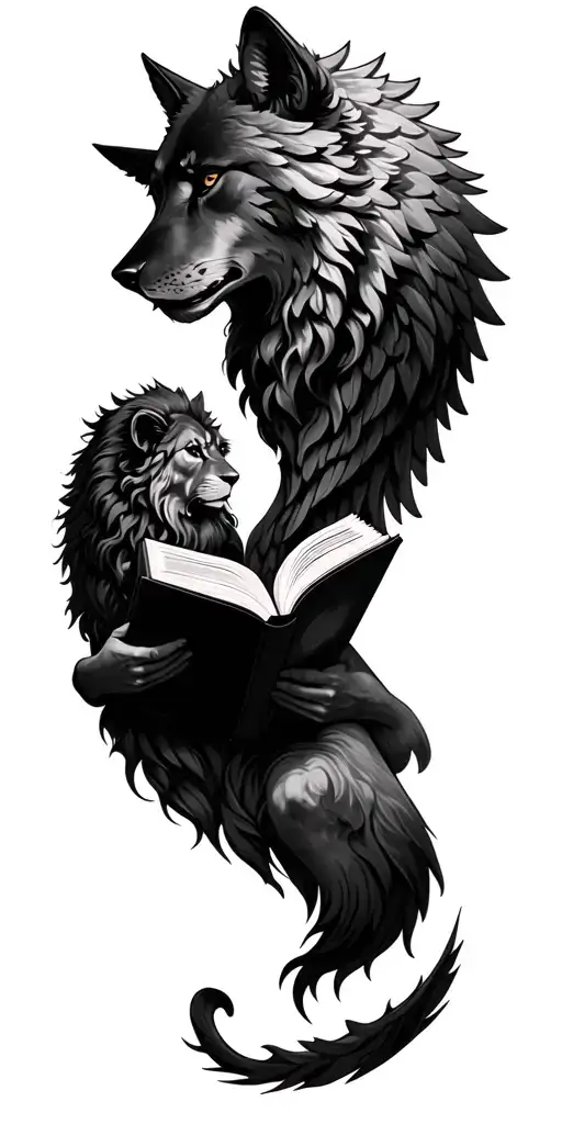 Angels, wolf front, lion head profile holding a book tattoo design idea