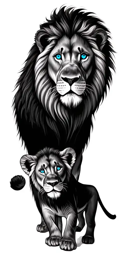 lion adult and cub with blue eyes to represent father and son tattoo design idea