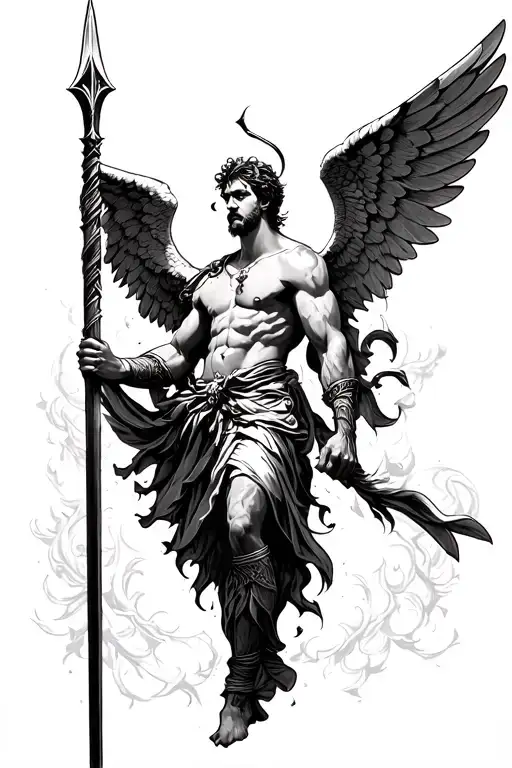 male arch angel with a spear piercing tattoo design idea