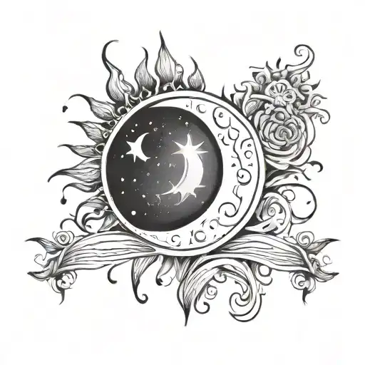 A tattoo of A crescent moon with a sun beside it under the moon a heart shaped like a Y and 4 drops of blood dripping fr tattoo design idea