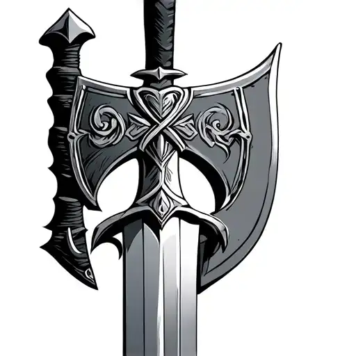 Viking Axe horizontel crossing over a verticle samuri sword tattoo design idea