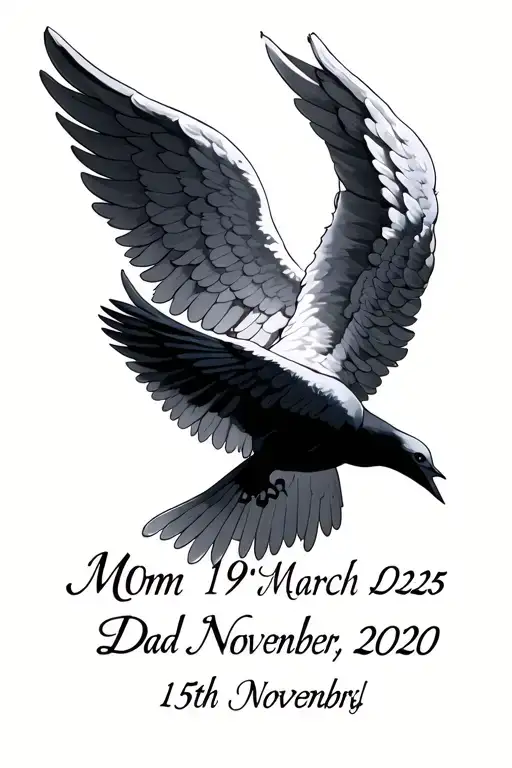 I want it to have their death date Mom - 19th March 2025 and Dad - 5th November 2010 A pair of angel wings and a dove, a tattoo design idea