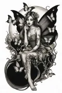 moon, enchanted forest fairy mystic gothic fairy , butterflies  tattoo design idea