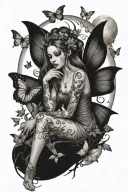 moon, enchanted forest fairy mystic gothic fairy , butterflies  tattoo design idea