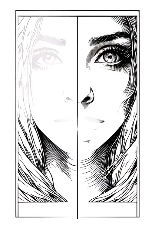 A female face with a translucent “veil” over the eyes and a door with light entering tattoo design idea