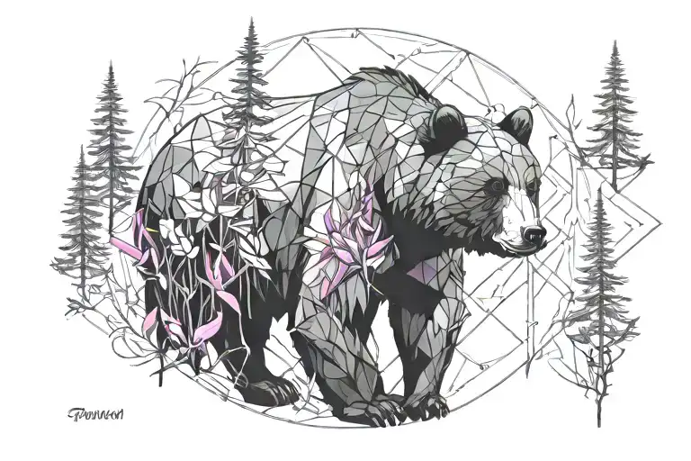 Bear mountain forest with fireweed flower growing tattoo design idea