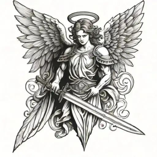 angel with wings and sword tattoo design idea