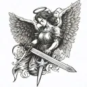 angel with wings and sword tattoo design idea
