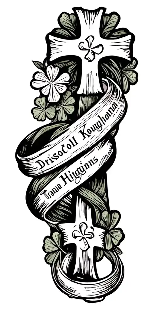 Irish design with the names Driscoll Koughan Trainor and Higgins incorporated.  clover cross castle calada ring tattoo design idea