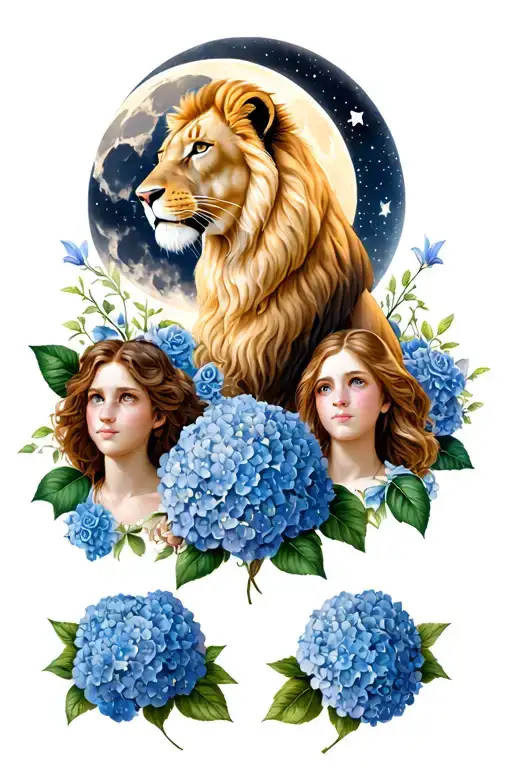 Leo the lion protecting over her 2 youth; taurus the bull & virgo the maiden. hydrangeas, lilies and roses and full moon tattoo design idea