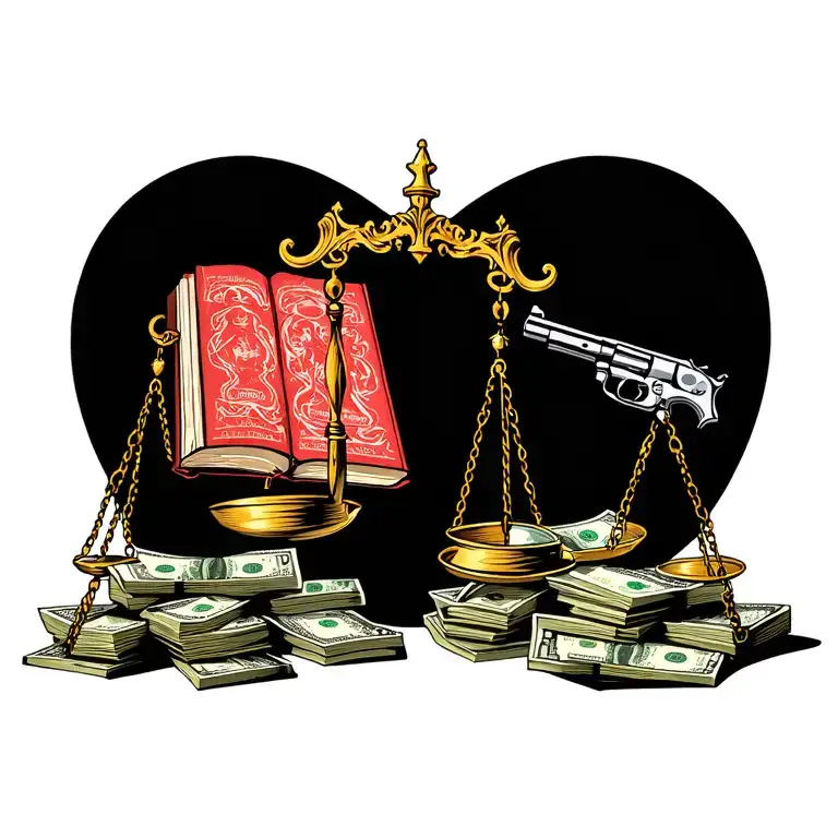 The Scales of Justice holding a Bible on one side and a pistol on top of stacks of money on the other side. tattoo design idea