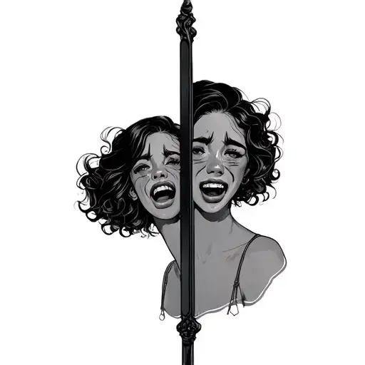 opposition of emotions, a woman who looks in a mirror she smiles and her cry and whining reflection tattoo design idea