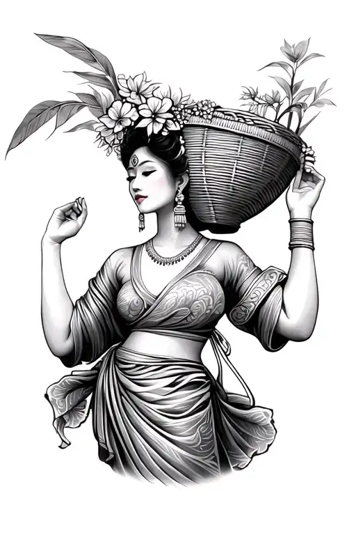 An elegant indonesian woman with a sarong on and a basket on her head wich she holds on to with one hand tattoo design idea