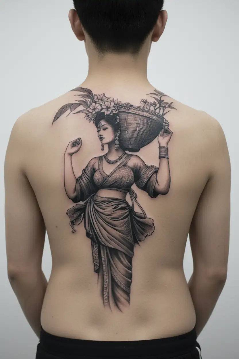 An elegant indonesian woman with a sarong on and a basket on her head wich she holds on to with one hand tattoo design idea