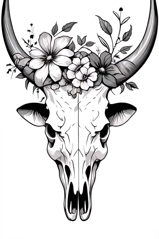 A bull skull in side profile, with spiders and flowers tattoo design idea