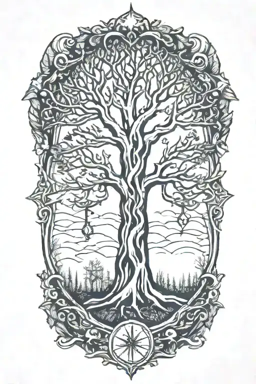 yggdrasil and tombstone and sword and staff and magic tattoo design idea