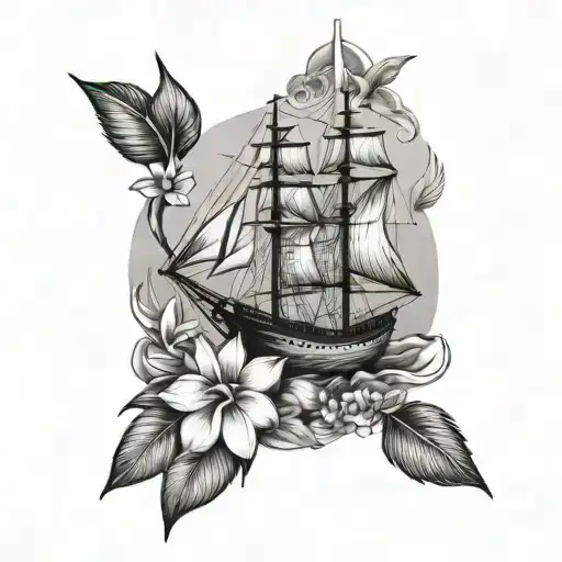 coconut and frangipani and sailboat sailing ship tattoo design idea