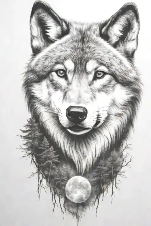 wolf cub, moon, forest, river, adult wolf head tattoo design idea