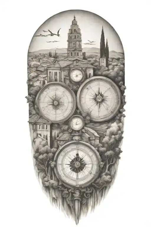 edges that fade and blend softly, italian tuscany landscape, pantheon, with trees and a compass  tattoo design idea