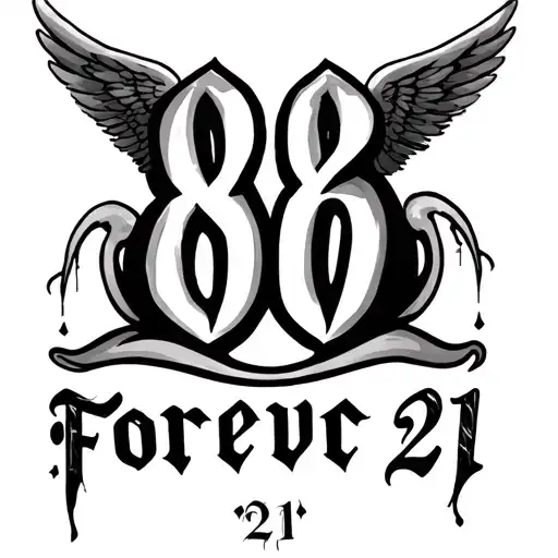 number 86 in a gothic font, with angel wings either side of the number and the writing forever 21 underneath  tattoo design idea