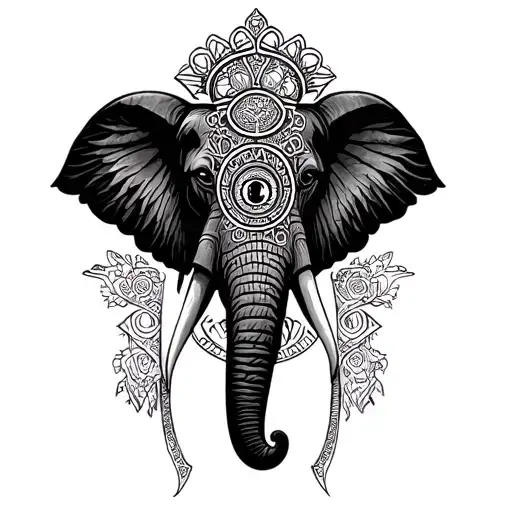 elephant,hamsa,vishra vajra,scallop shell, eye of horus,Celtic shield knot,bagua mirror,cimaruta,Hecate's wheel,combine tattoo design idea