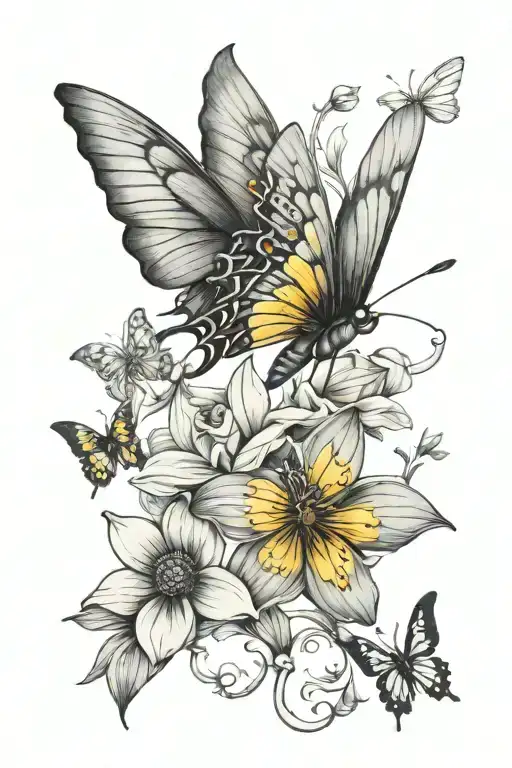 Small Dainty floral spine tattoo with small yellow butterfly tattoo design idea