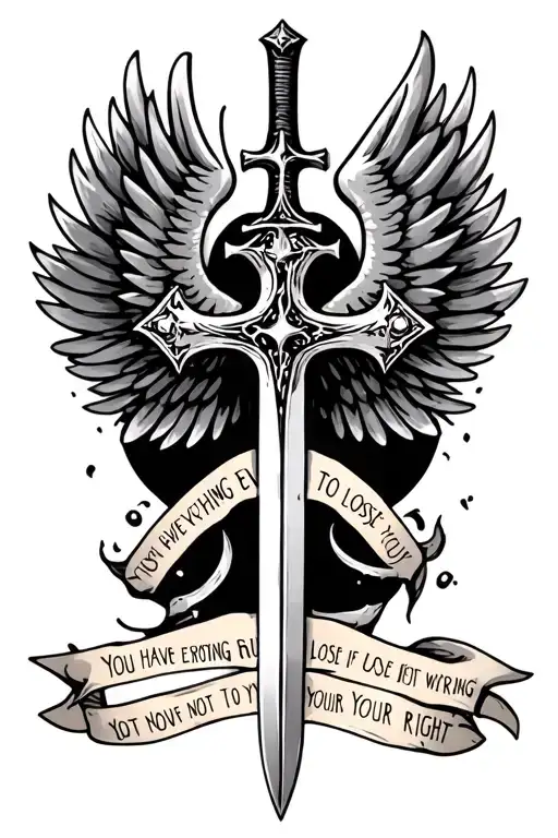 cross as a sword wings with words you have everything to lose if your wrong but you have nothing to lose if your right  tattoo design idea