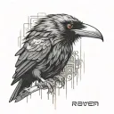 cyberpunk raven with orange eyes tattoo design idea