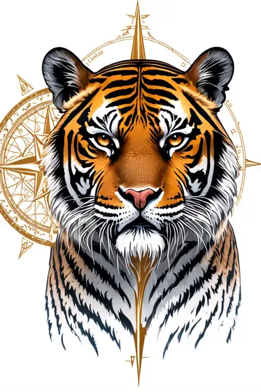 Tiger with vegvisir viking compass and in the background yggdrasil  tattoo design idea