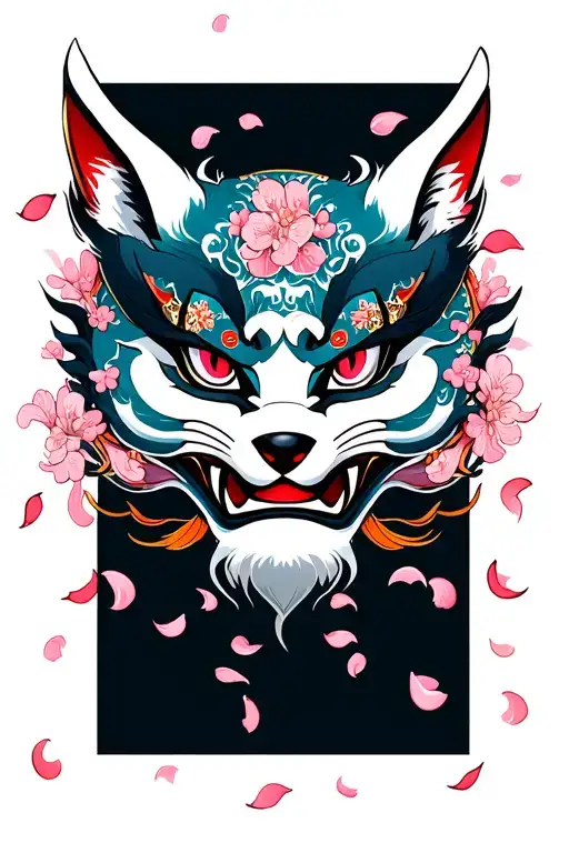 oni mask with kitsune and cherry blossom petals falling tattoo design idea