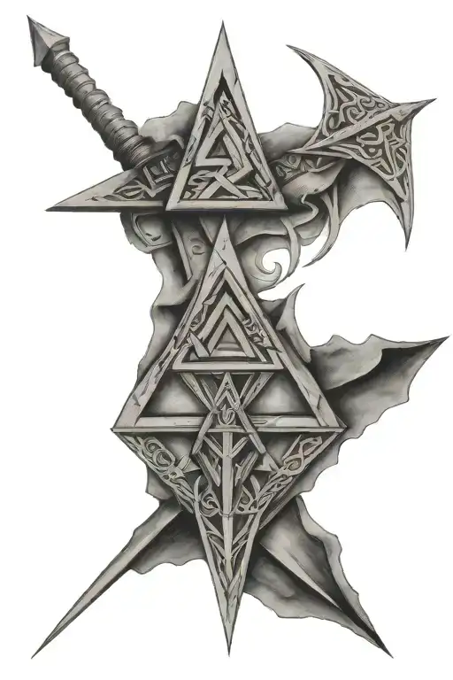 odin's spear, friggs distaff, valknut tattoo design idea