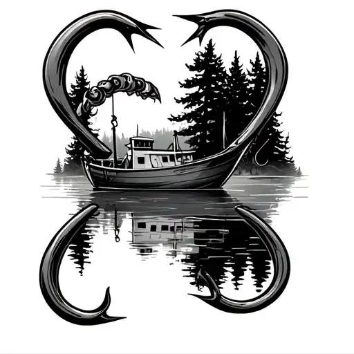 two fishing hooks form heart shape with forest in background fishing boat tattoo design idea
