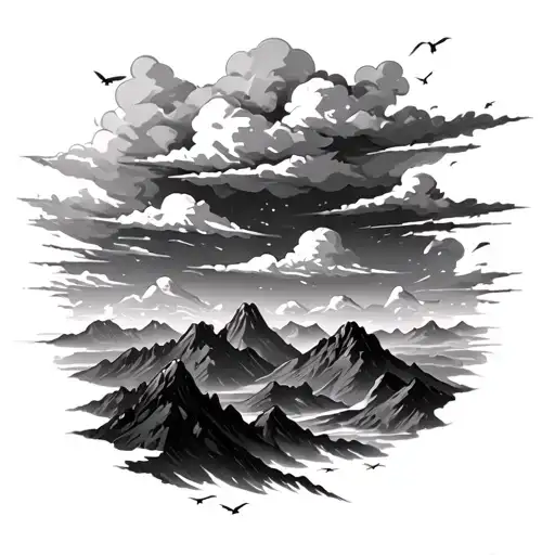 sideways storm clouds over a mountain range with birds flying away tattoo design idea