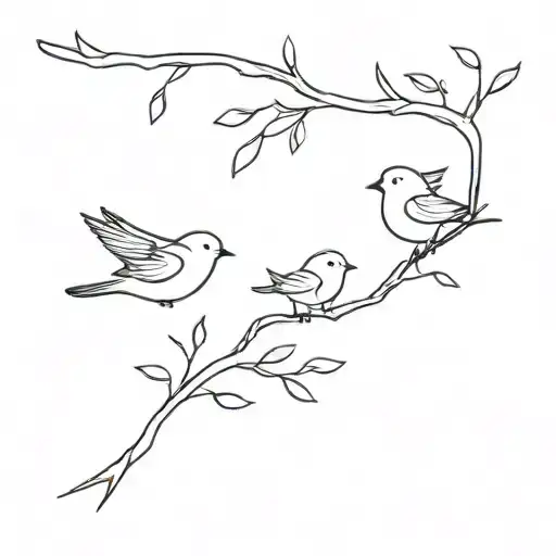 fine branch with two birds looking up at baby bird flying away tattoo design idea