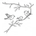 fine branch with two birds looking up at baby bird flying away tattoo design idea