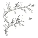 fine branch with two birds looking up at baby bird flying away tattoo design idea