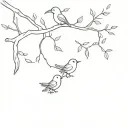 fine branch with two birds looking up at baby bird flying away tattoo design idea
