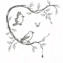 fine branch with two birds looking up at baby bird flying away tattoo design idea