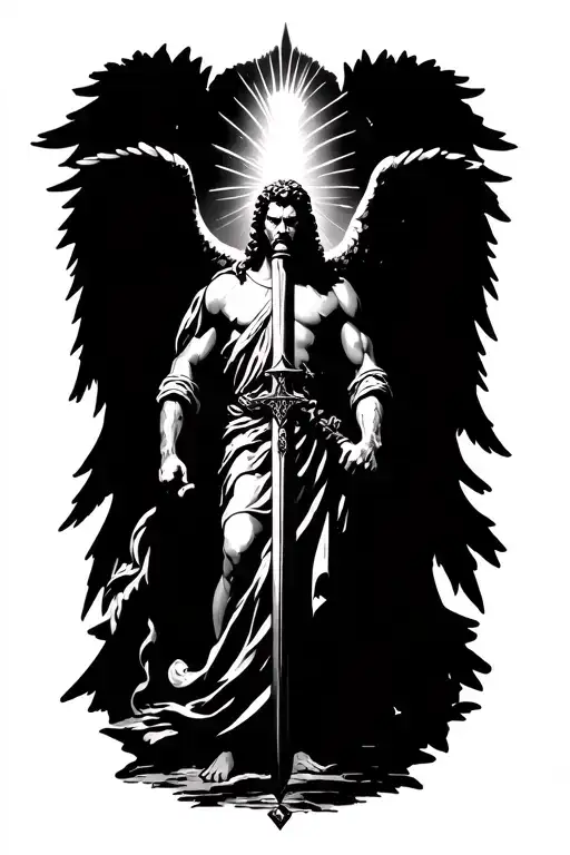 st michael male angel holding a sword black and white and looking angry with sun rays coming down tattoo design idea