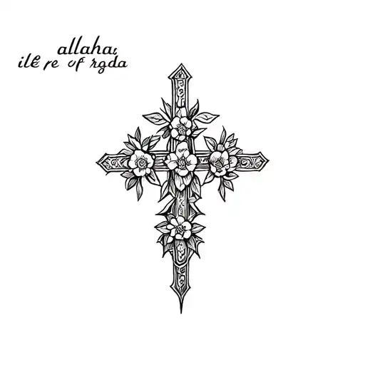 the words: alaha ilé raba, the cross of god, flowers tattoo design idea