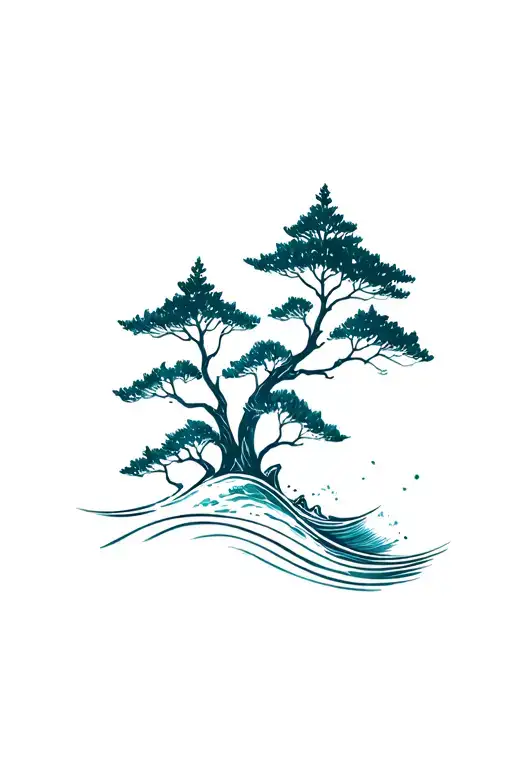 evergreen tree with ocean waves tattoo design idea