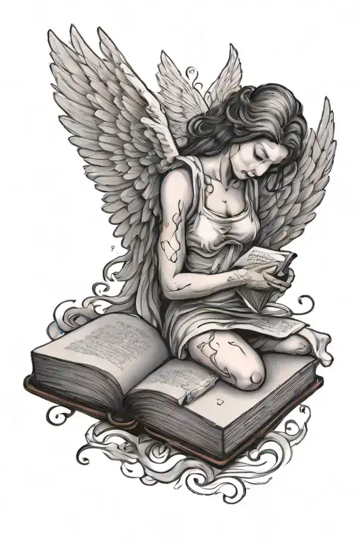 An angel writing lyrics on a book with broken heart on the cover tattoo design idea