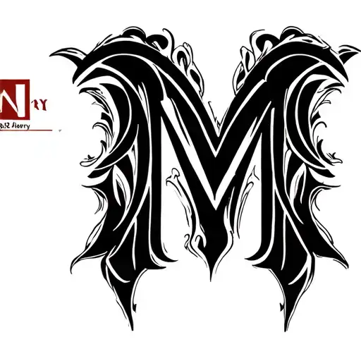 "Virgin Mary text" Huge Tribal tattoo with letter M looking almost like shap of heart but not touching it's edeges. tattoo design idea
