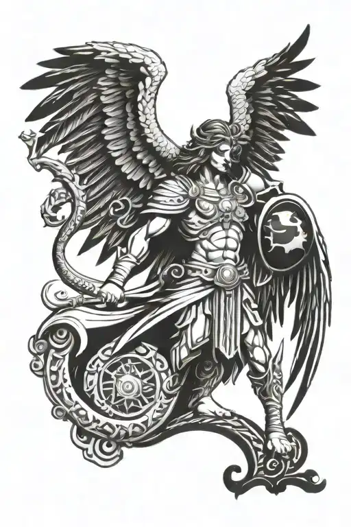 saint Michael archangel kneeling archangel scales of justice Australia  tattoo design idea