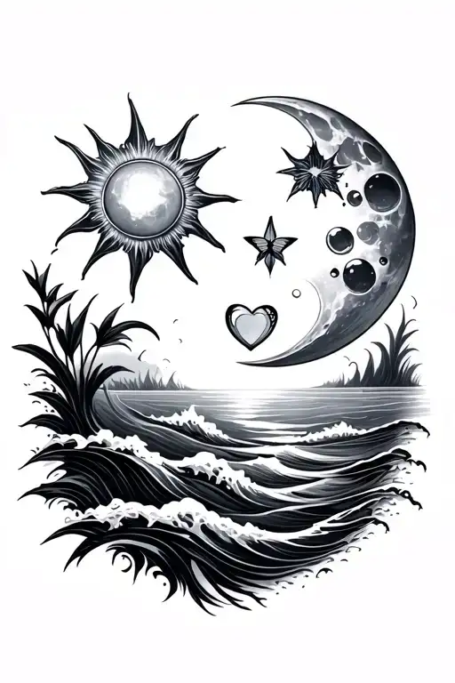 moon, sun and a star. also a heart-shaped bubble and a butterfly. also the sea's waves. tattoo design idea