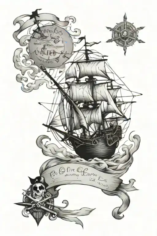 Words on parchment with kite Peter Pan and pirate ship tattoo design idea